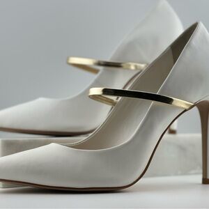 Gianni Bini Anistyn White Leather Heels with Gold Strap Accent